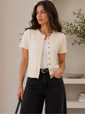 ShopEvelynne Cream Short-Sleeve Textured Knit Cardigan